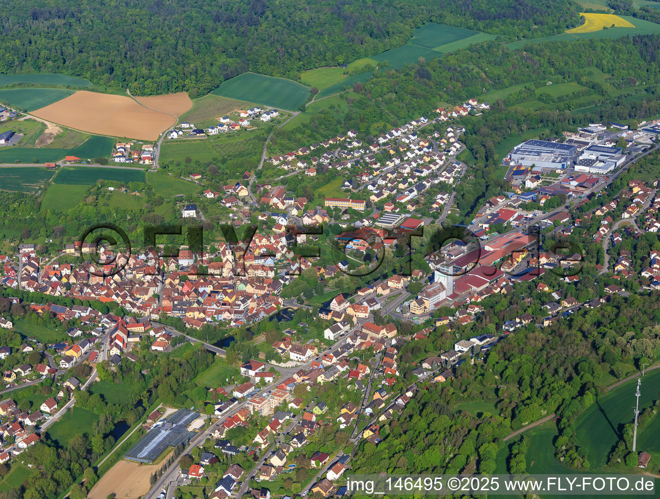 Aerial view of Overview of the lovely Taubertal in the morning from the southeast in Creglingen in the state Baden-Wuerttemberg, Germany
