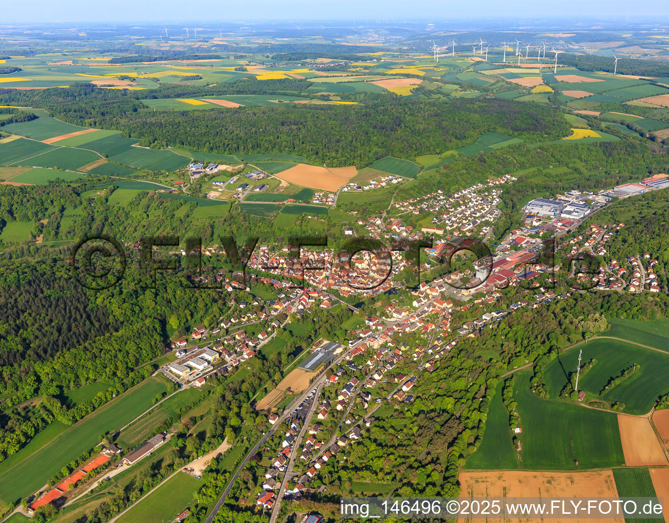 Aerial photograpy of Overview of the lovely Taubertal in the morning from the southeast in Creglingen in the state Baden-Wuerttemberg, Germany