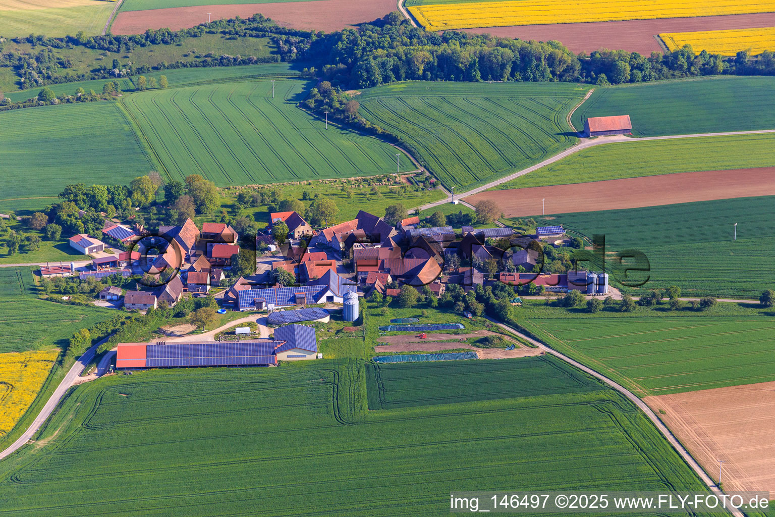 Village view in the morning from the south in the district Schirmbach in Creglingen in the state Baden-Wuerttemberg, Germany