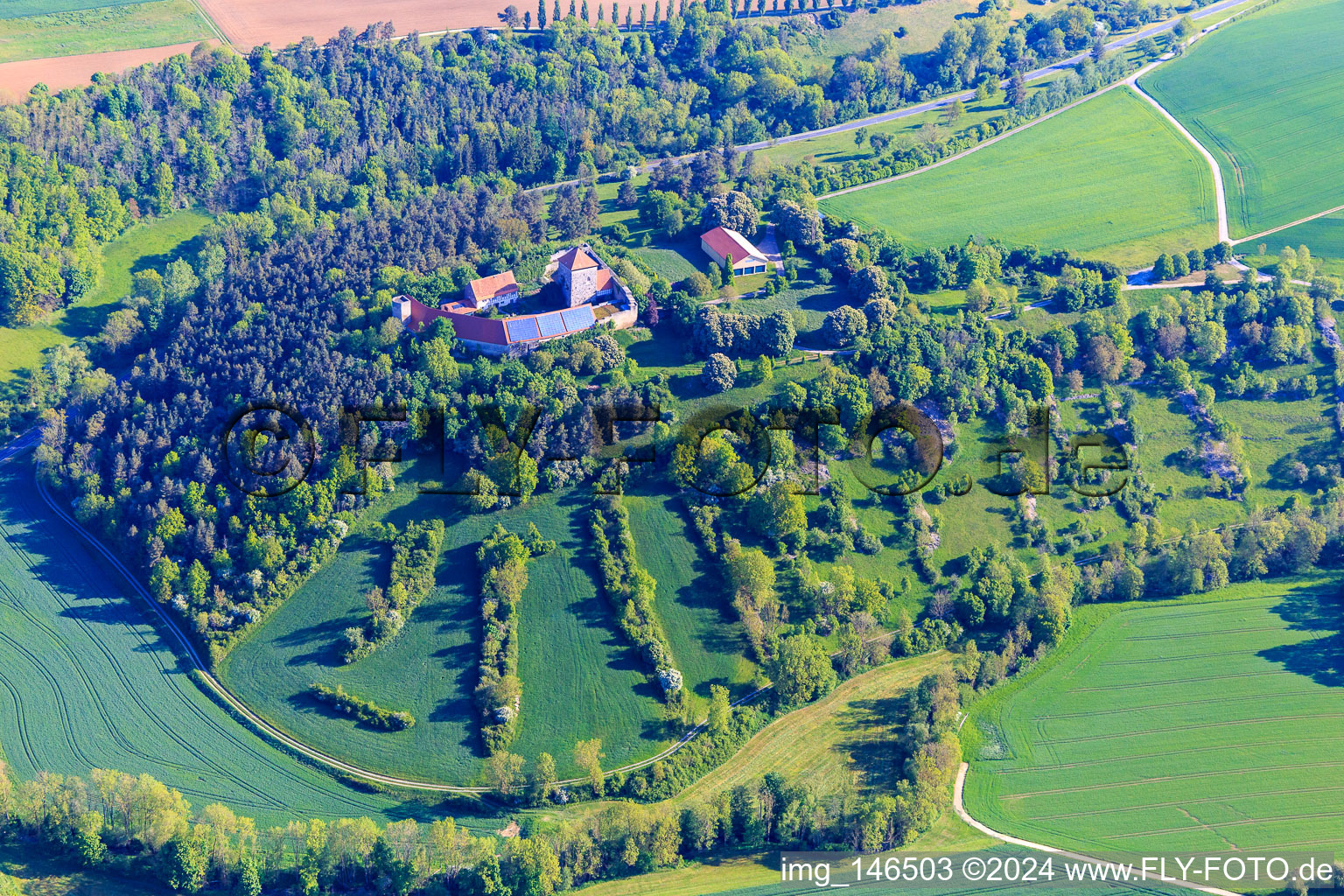 Aerial photograpy of Brauneck Castle with photovoltaic roof in the district Niedersteinach in Creglingen in the state Baden-Wuerttemberg, Germany