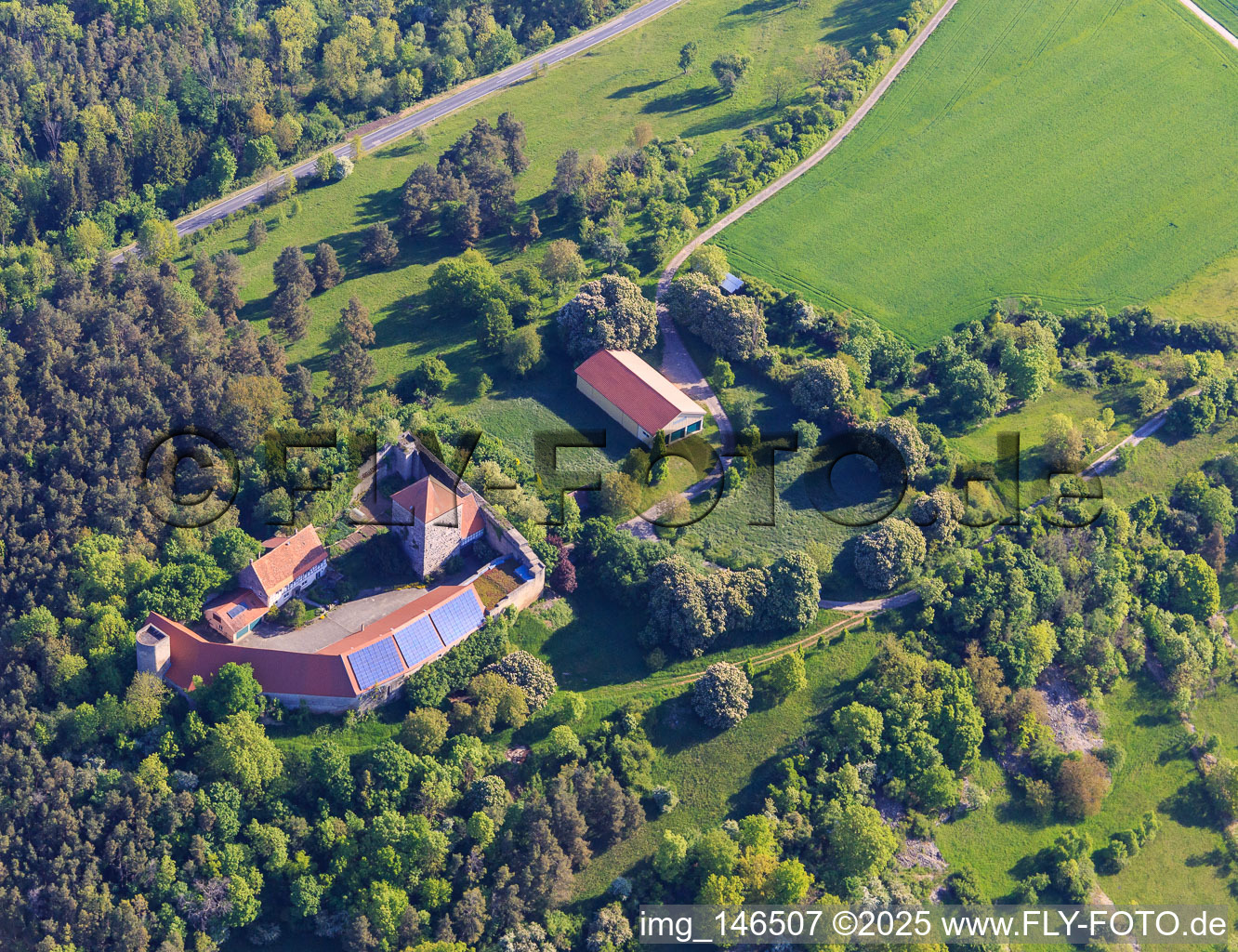 Brauneck Castle with photovoltaic roof in the district Niedersteinach in Creglingen in the state Baden-Wuerttemberg, Germany from above