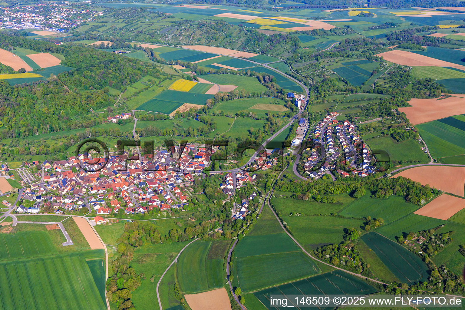 Overview of the Gollach and Tauber valleys in the morning from the southeast in Bieberehren in the state Bavaria, Germany