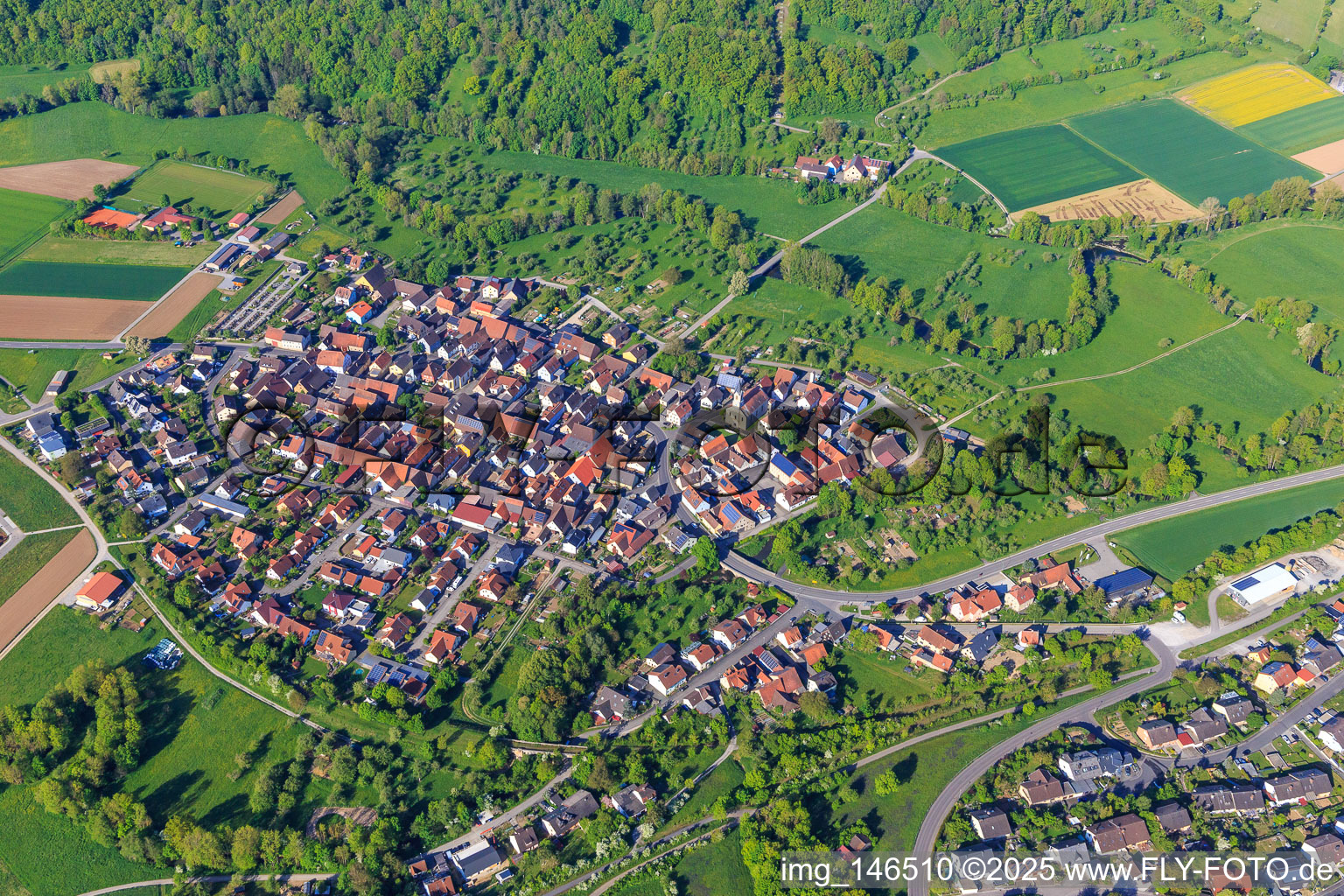 Morning overview from the northeast in Bieberehren in the state Bavaria, Germany