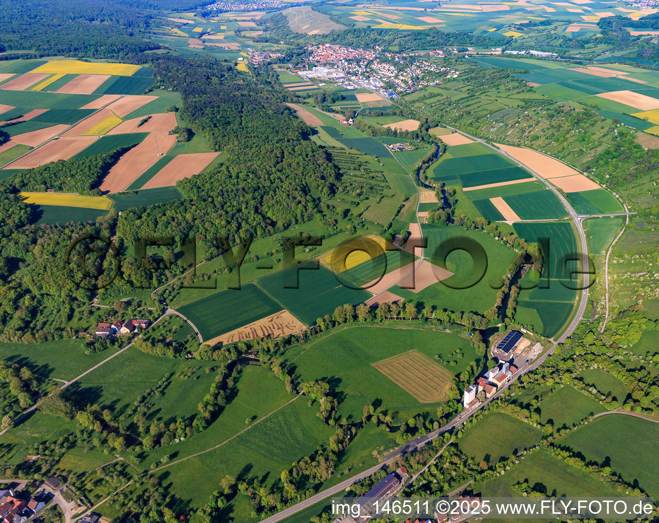 Meandering course of the Tauber towards Röttingen in Bieberehren in the state Bavaria, Germany