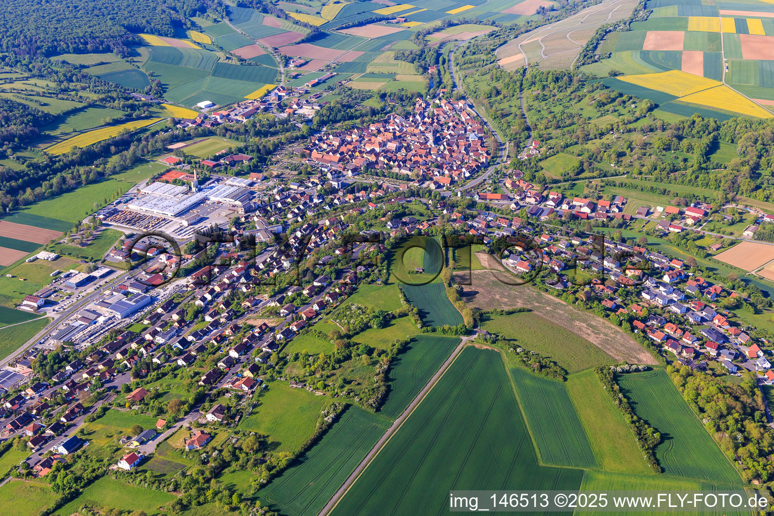 Overview of the lovely Taubertal in the morning from the northeast in Röttingen in the state Bavaria, Germany