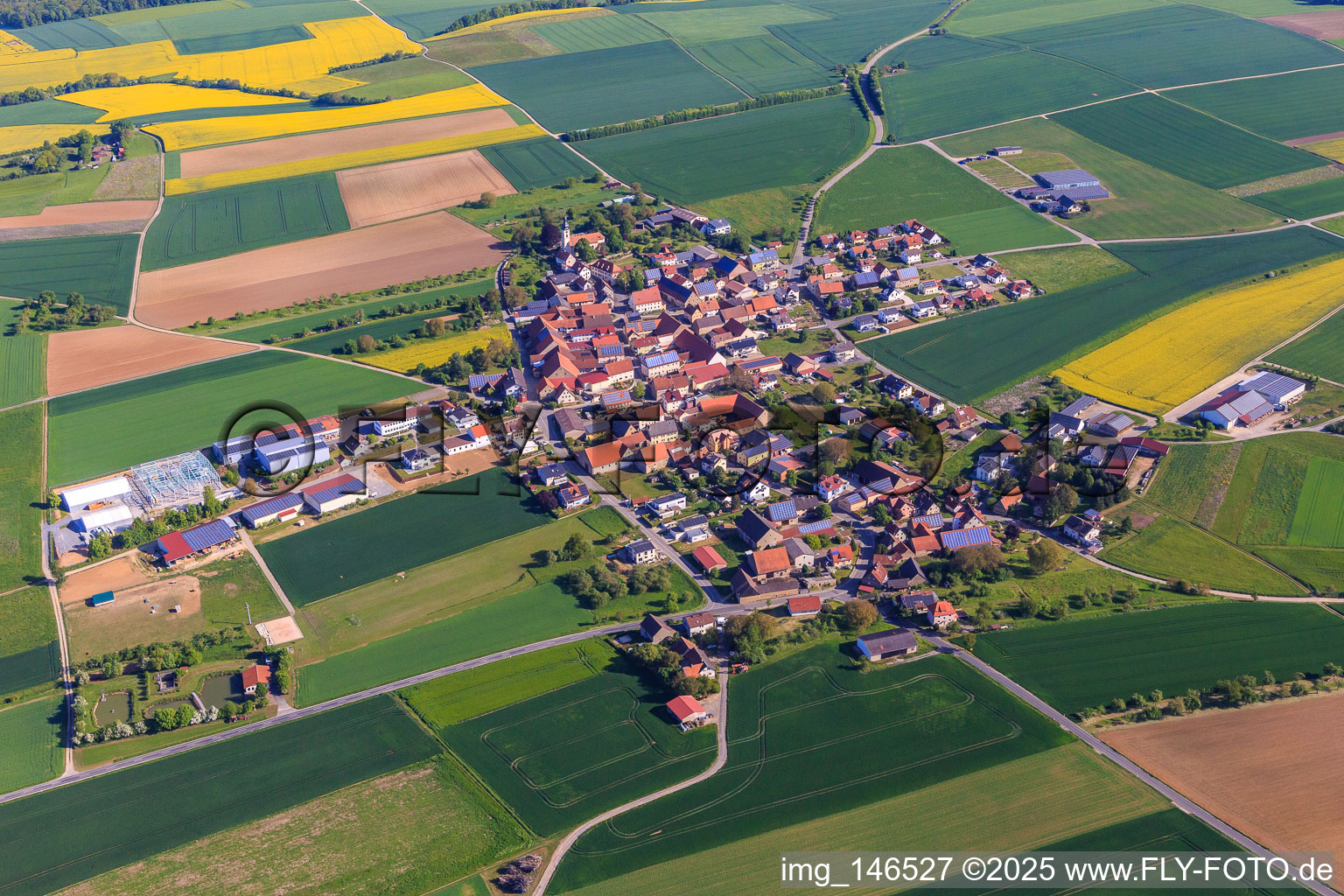 Village overview in the morning from the south in the district Vilchband in Wittighausen in the state Baden-Wuerttemberg, Germany