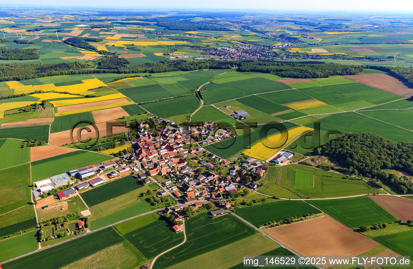 Village overview in the morning from the southwest in the district Vilchband in Wittighausen in the state Baden-Wuerttemberg, Germany