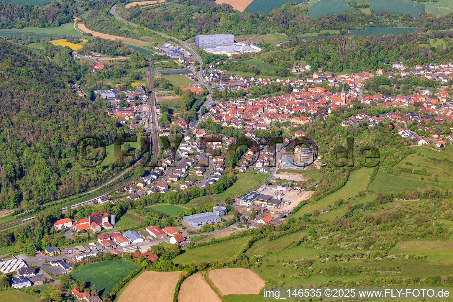 Overview of the Tauber Valley in the morning from the east in Grünsfeld in the state Baden-Wuerttemberg, Germany