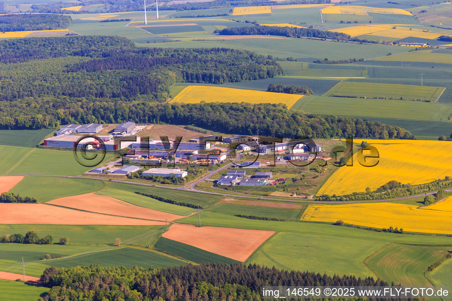 Aerial view of Industrial area on the A81 with recycling center Tauberbischofsheim A81, Alpha Techno Massagesessel GmbH, Michael Weinig AG and Spedition HEIN GmbH in Tauberbischofsheim in the state Baden-Wuerttemberg, Germany