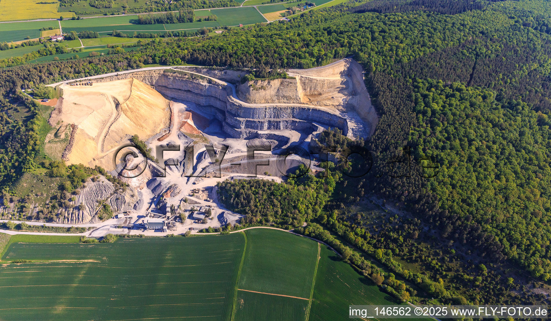 Aerial view of Quarry Werbach of SHB gravel in Werbach in the state Baden-Wuerttemberg, Germany