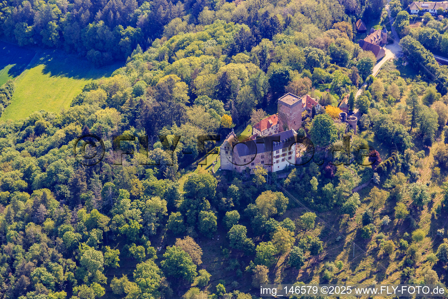 Castle and castle park Gamburg in the district Gamburg in Werbach in the state Baden-Wuerttemberg, Germany from the plane