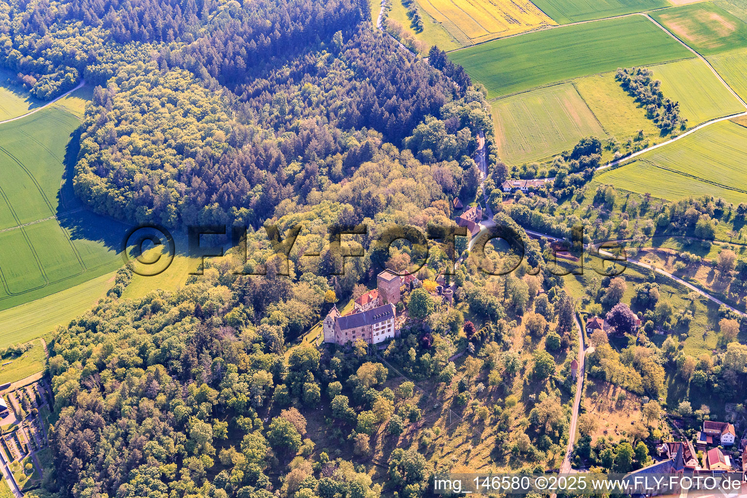 Bird's eye view of Castle and castle park Gamburg in the district Gamburg in Werbach in the state Baden-Wuerttemberg, Germany