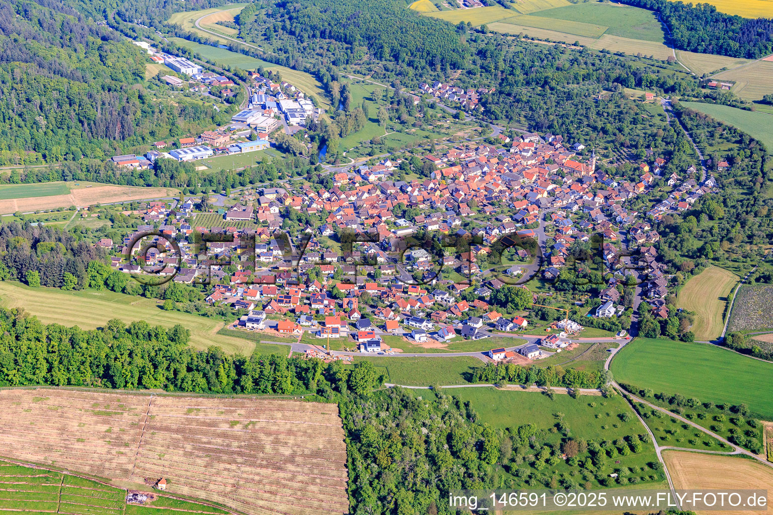 Village view in the lovely Taubertal from the south in the district Reicholzheim in Wertheim in the state Baden-Wuerttemberg, Germany