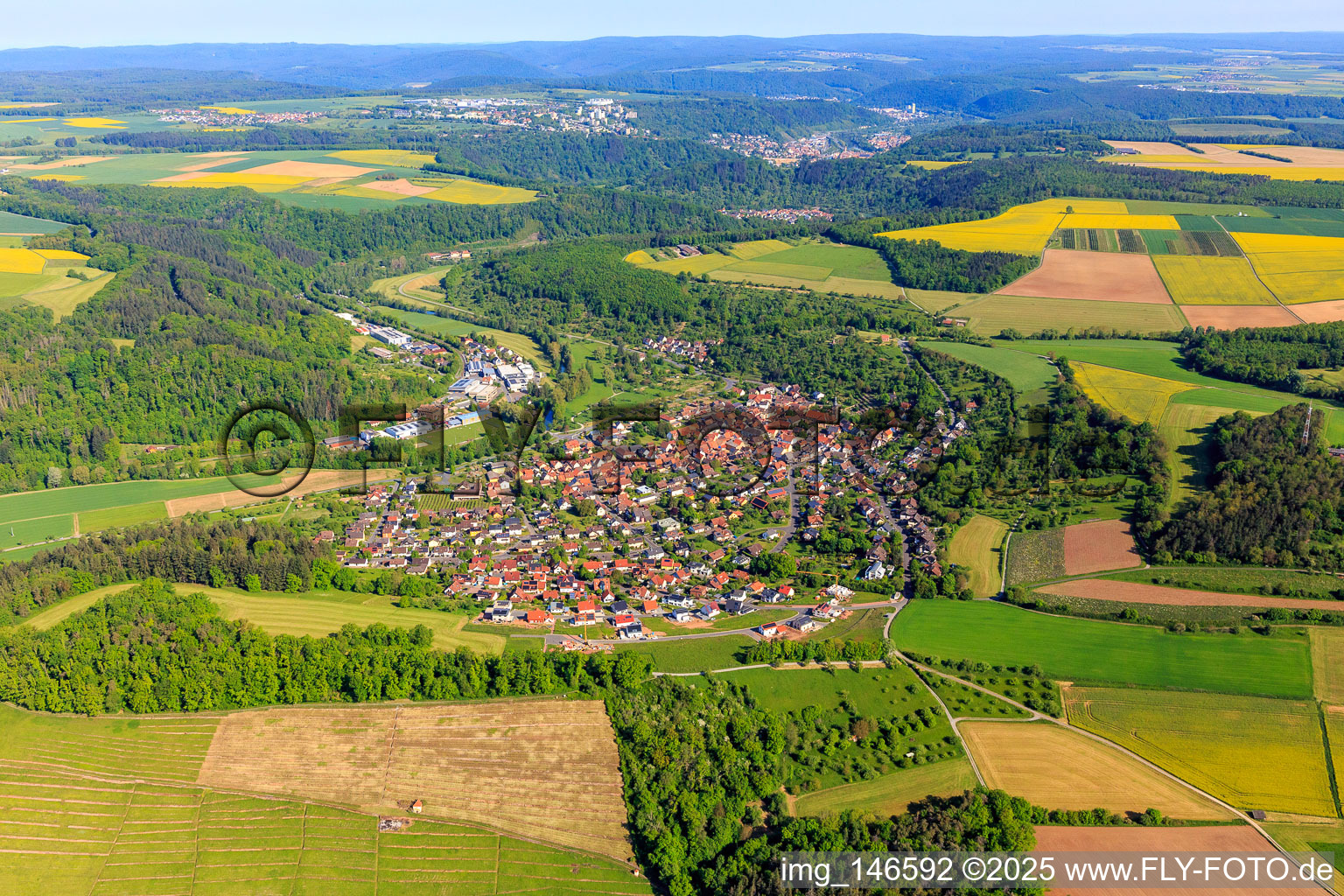Aerial view of Village view in the lovely Taubertal from the south in the district Reicholzheim in Wertheim in the state Baden-Wuerttemberg, Germany