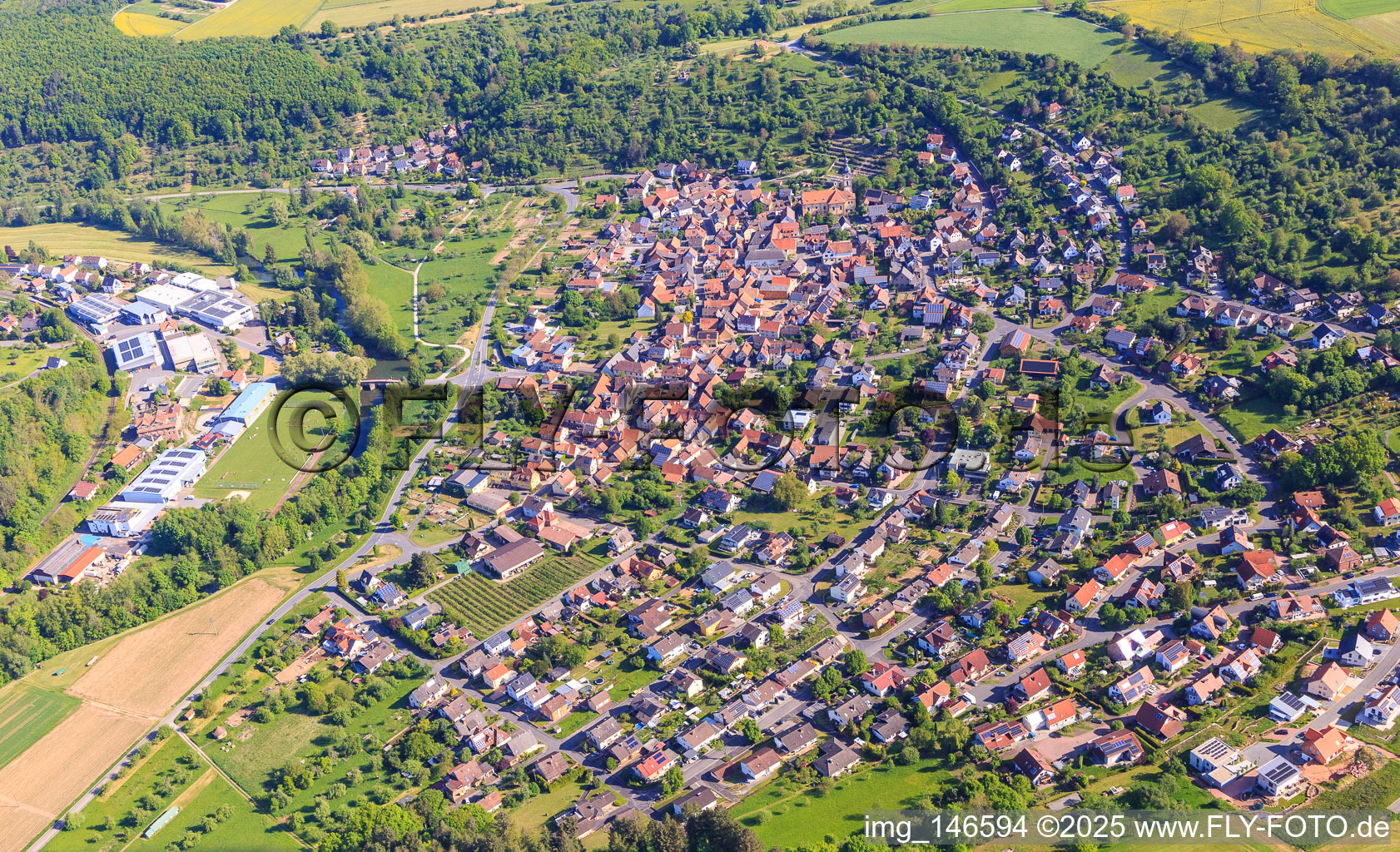 Aerial photograpy of Village view in the lovely Taubertal from the south in the district Reicholzheim in Wertheim in the state Baden-Wuerttemberg, Germany