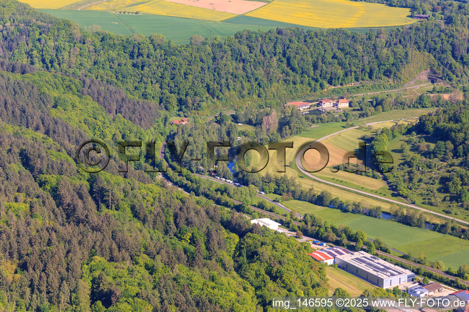 Camping Forelle on the banks of the Tauber between Teilbacher Mühle and Rekuplast GmbH in the district Reicholzheim in Wertheim in the state Baden-Wuerttemberg, Germany