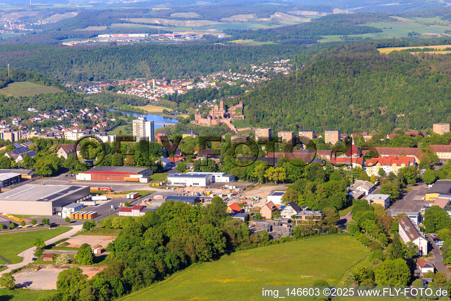 View from the Wartberg to the castle over the Main and Tauber in the district Reinhardshof in Wertheim in the state Baden-Wuerttemberg, Germany