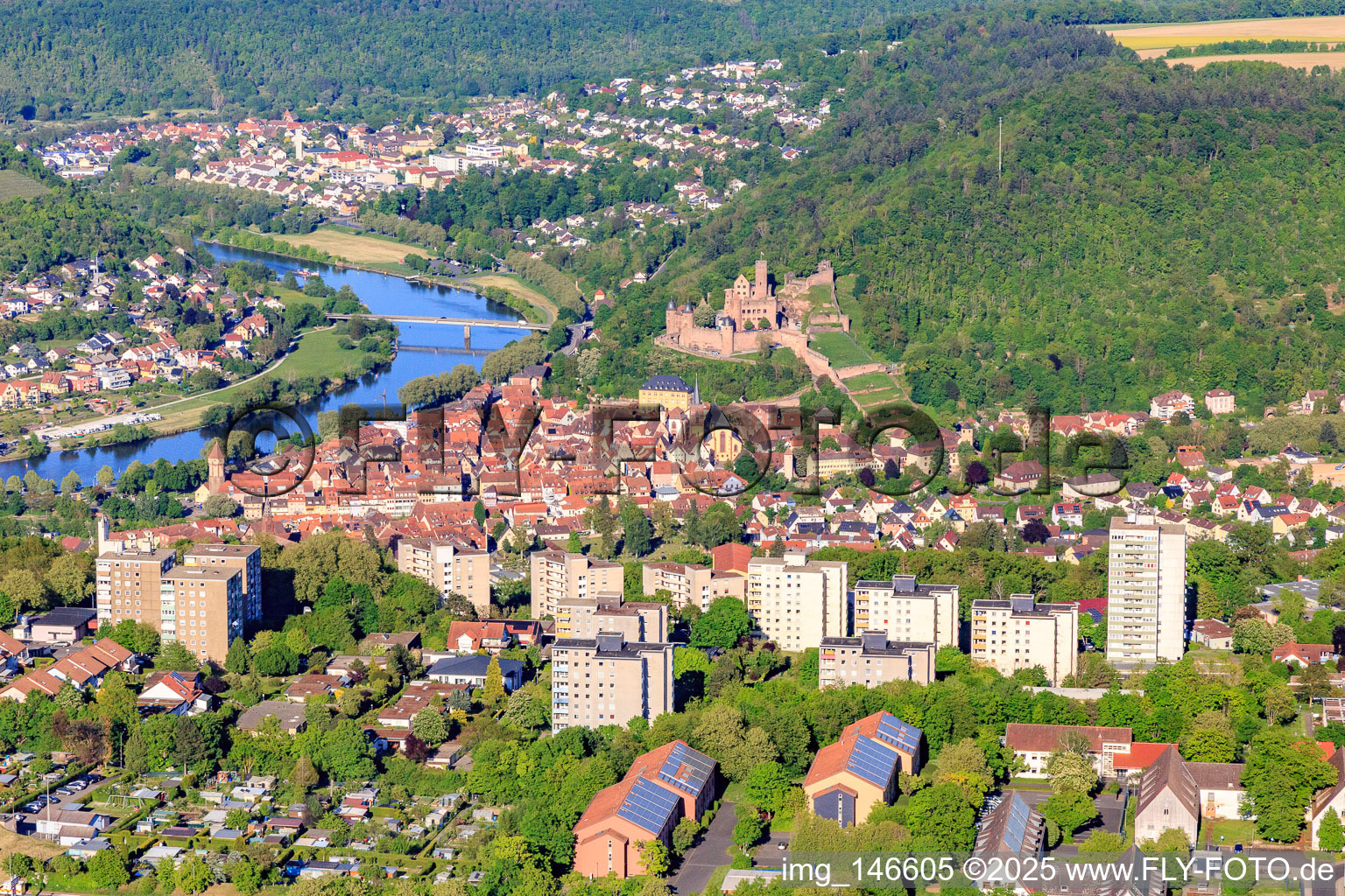 View from the Wartberg to Burg Castle Wertheim above the old town with the Main Valley in Wertheim in the state Baden-Wuerttemberg, Germany