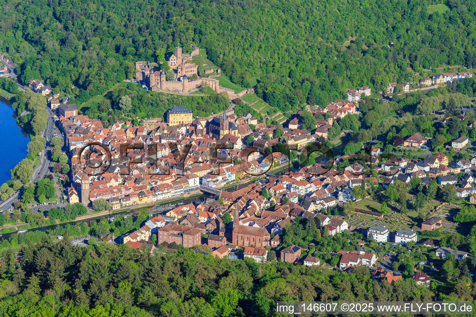 Castle Burg Wertheim above the old town with Main and Tauber in Wertheim in the state Baden-Wuerttemberg, Germany