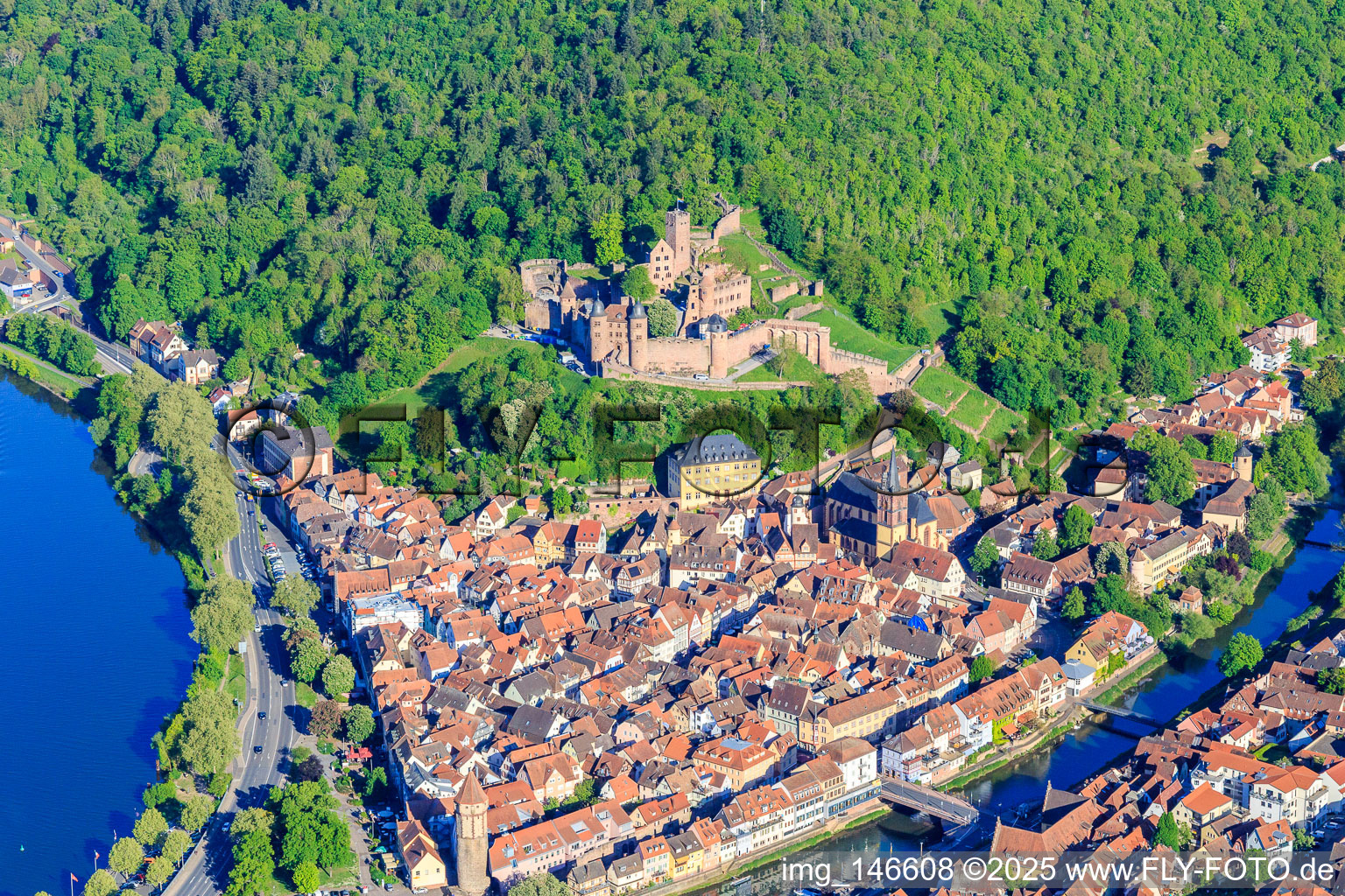 Aerial view of Castle Burg Wertheim above the old town with Main and Tauber in Wertheim in the state Baden-Wuerttemberg, Germany