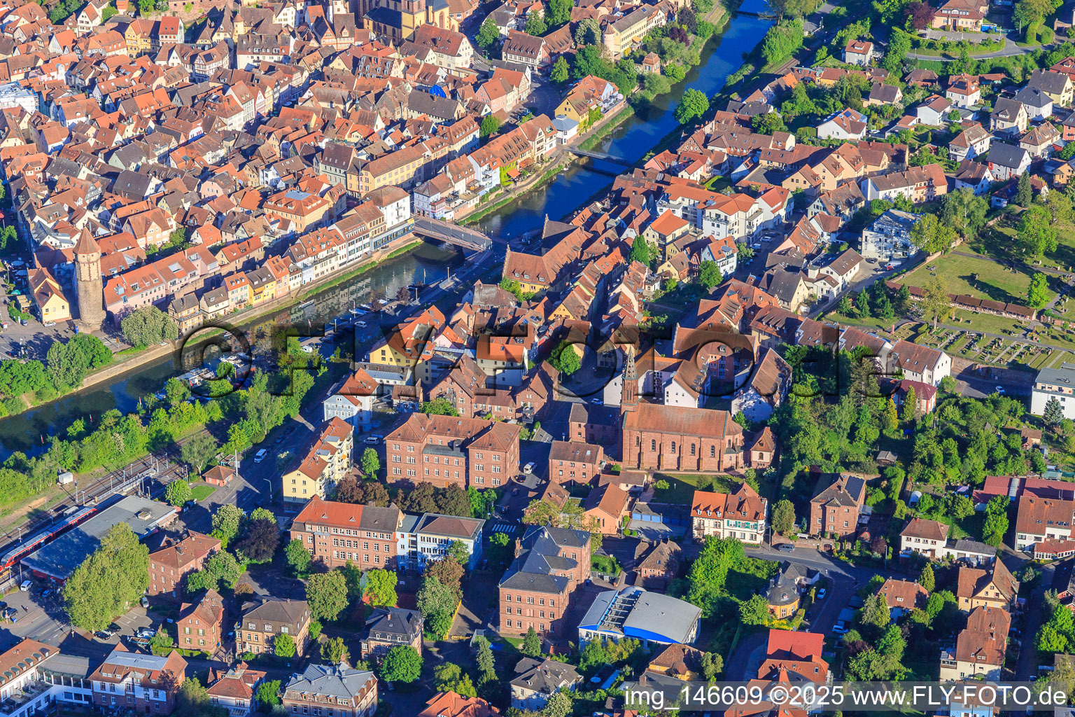 Old town with Tauber Bridge and St. Venantius Church in Wertheim in the state Baden-Wuerttemberg, Germany
