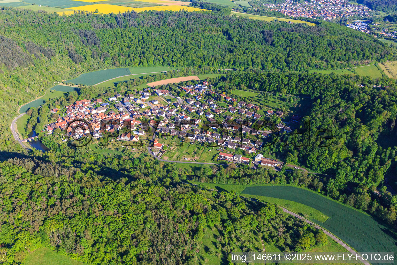 Aerial view of View from the west in the lovely Taubertal in the district Waldenhausen in Wertheim in the state Baden-Wuerttemberg, Germany
