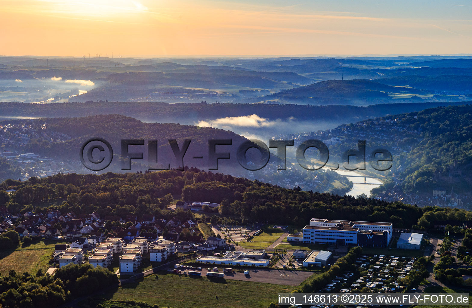 View from the south from the Wartberg into the Main valley in the morning in Wertheim in the state Baden-Wuerttemberg, Germany