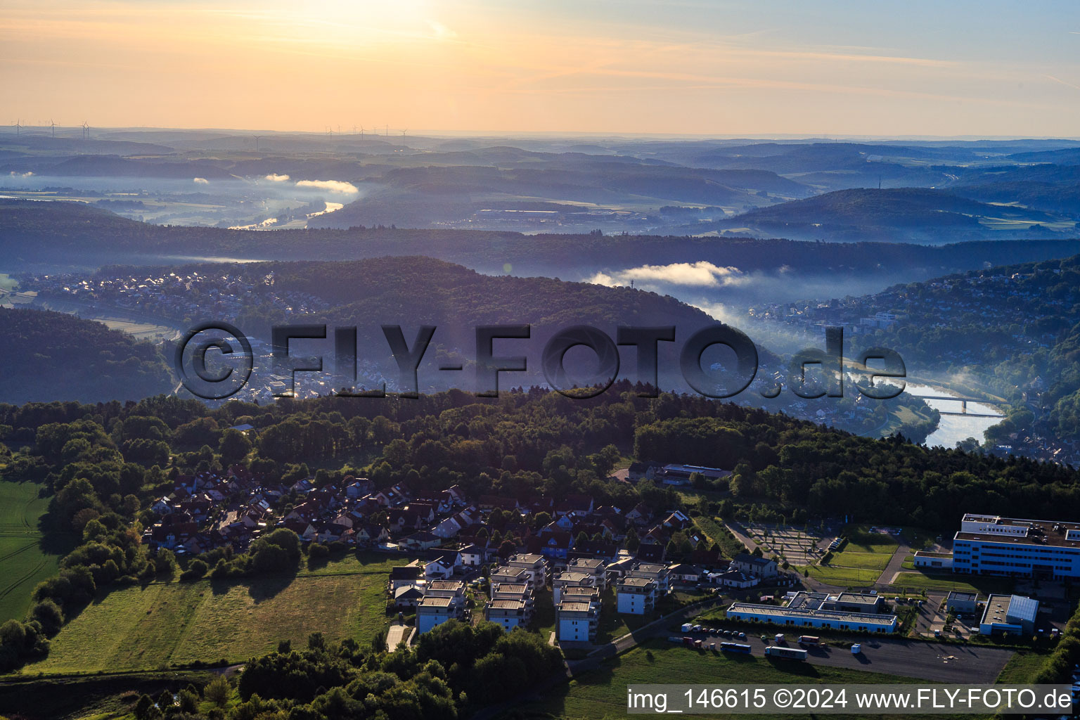 Aerial view of View from the south from the Wartberg into the Main valley in the morning in Wertheim in the state Baden-Wuerttemberg, Germany