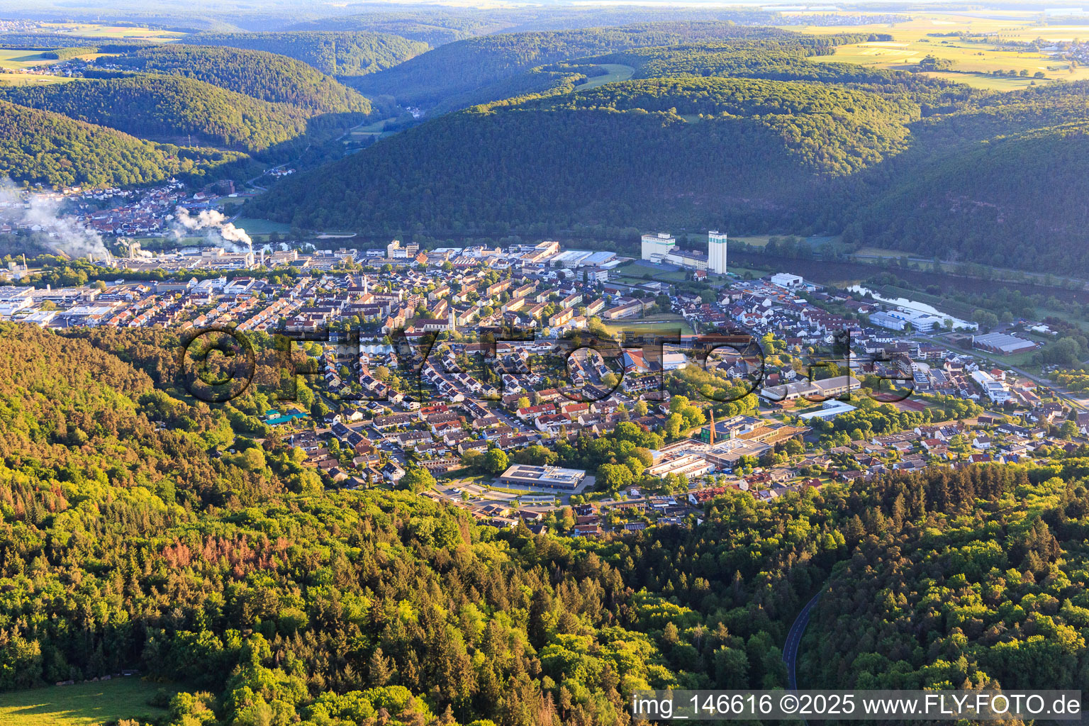 View from the south in a loop of the Main in the district Bestenheid in Wertheim in the state Baden-Wuerttemberg, Germany