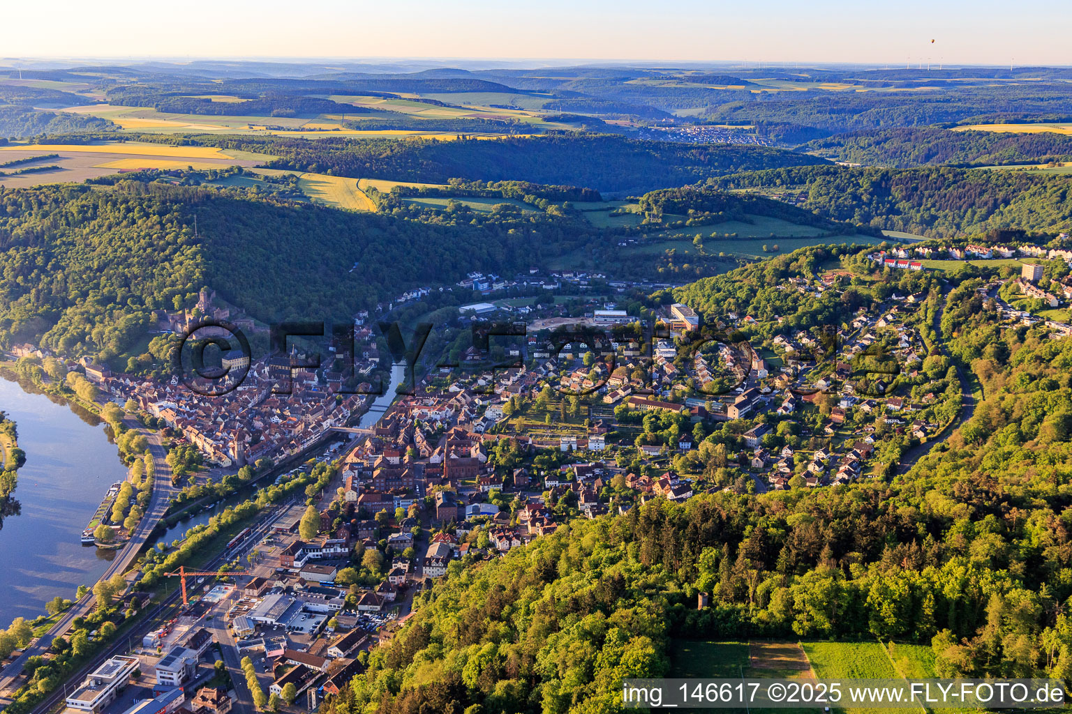 Tauber estuary into the Main below the castle Wertheim from the northeast in Wertheim in the state Baden-Wuerttemberg, Germany