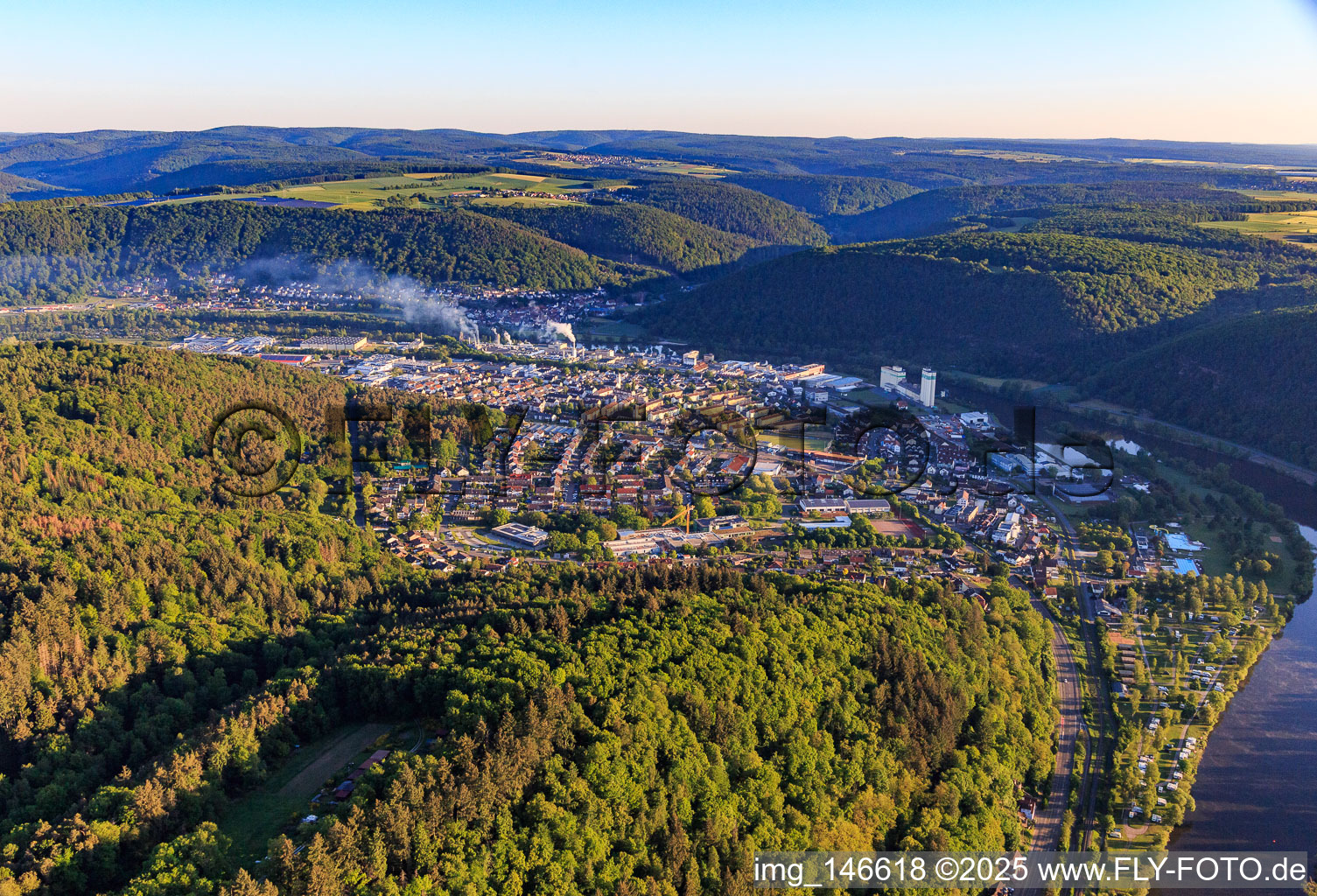 Aerial view of View from the south in a loop of the Main in the district Bestenheid in Wertheim in the state Baden-Wuerttemberg, Germany