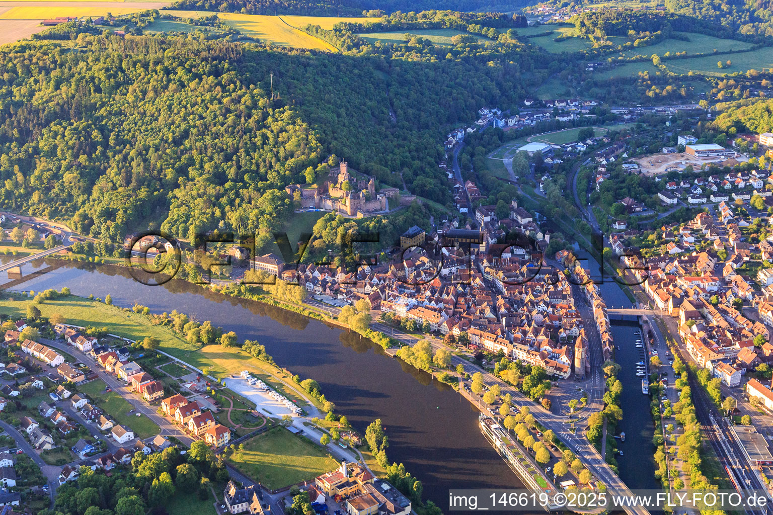 Tauber estuary into the Main below Burg Castle Wertheim above the old town in Wertheim in the state Baden-Wuerttemberg, Germany