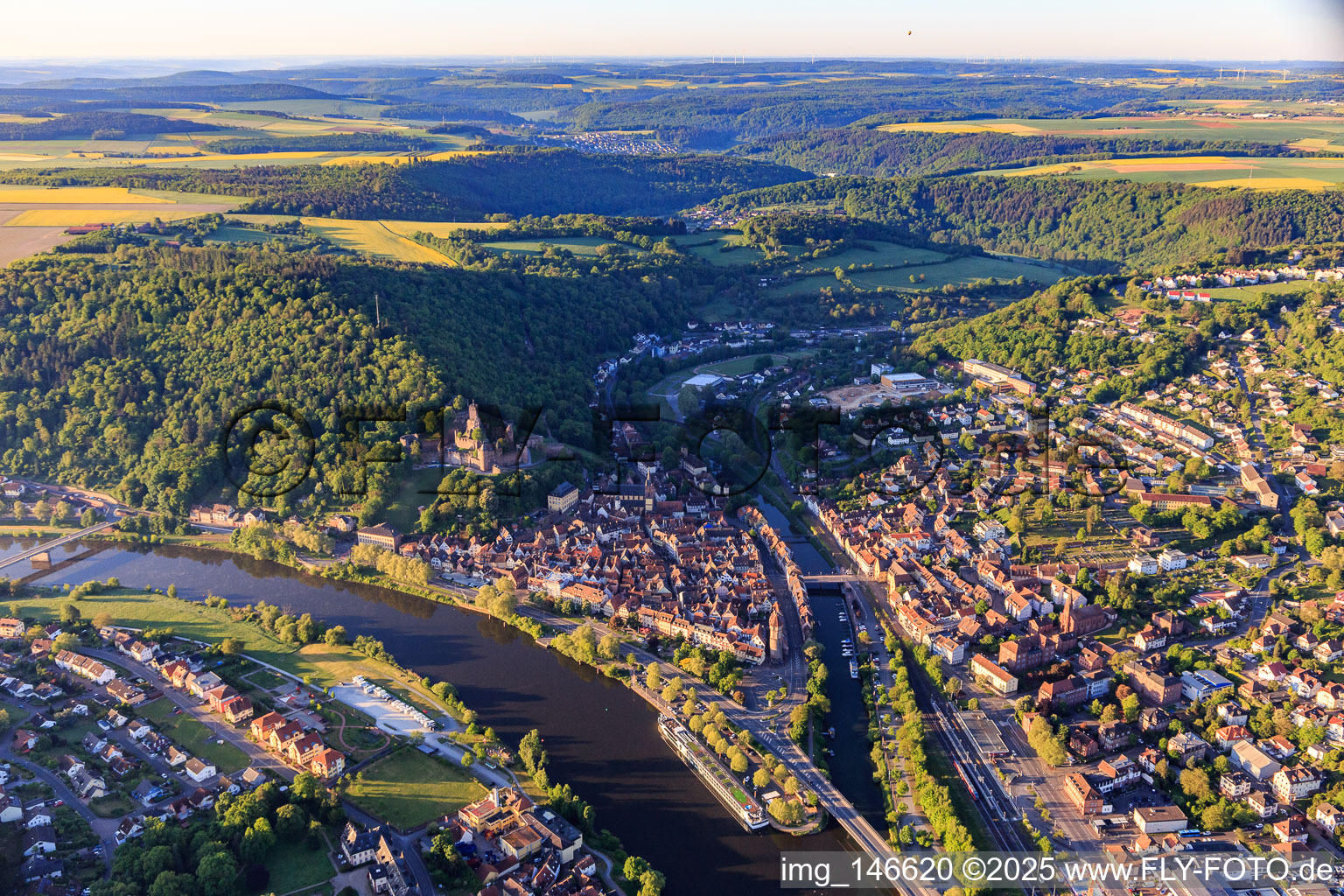 Aerial view of Tauber estuary into the Main below Burg Castle Wertheim above the old town in Wertheim in the state Baden-Wuerttemberg, Germany