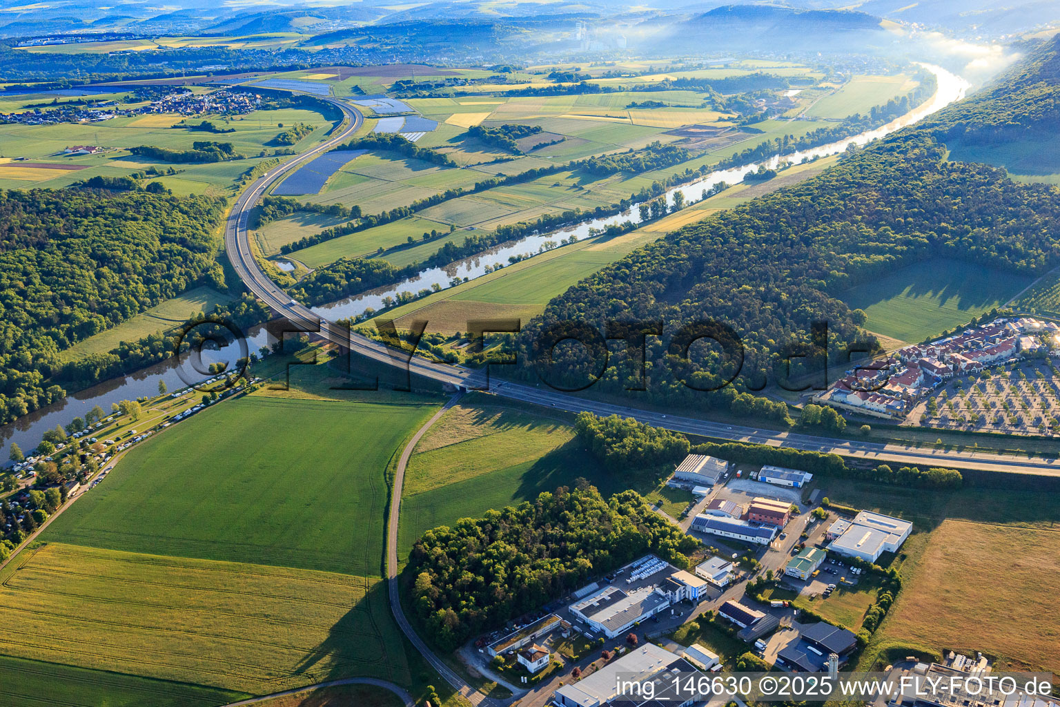 Route of the A3 motorway over the Main in the district Bettingen in Wertheim in the state Baden-Wuerttemberg, Germany