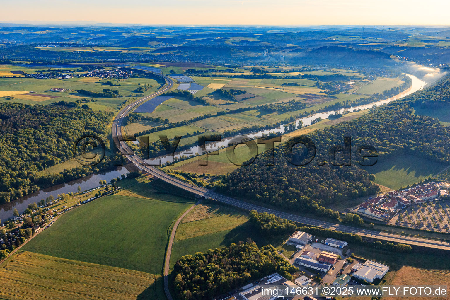 Aerial view of Route of the A3 motorway over the Main in the district Bettingen in Wertheim in the state Baden-Wuerttemberg, Germany