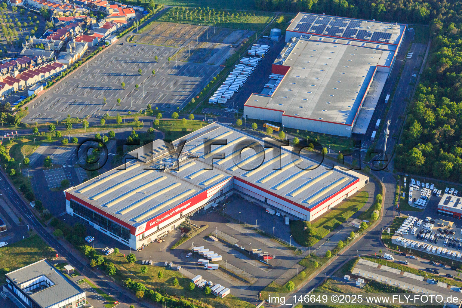 Aerial view of WAREMA Sun Forum in the district Bettingen in Wertheim in the state Baden-Wuerttemberg, Germany