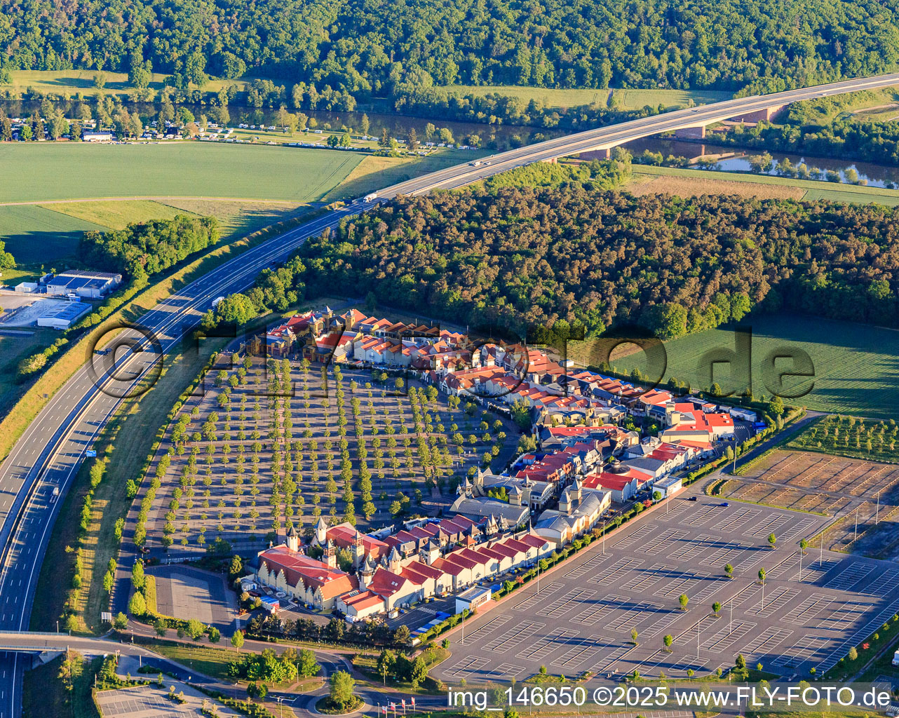 Outlet Wertheim Village with adidas Outlet Store Wertheim, Nike Factory Store and AIGNER Outlet Wertheim in the district Bettingen in Wertheim in the state Baden-Wuerttemberg, Germany from above