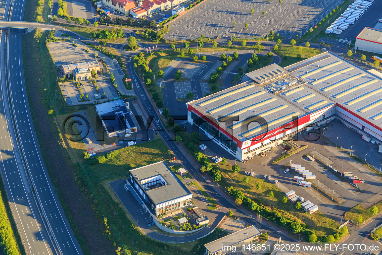 Almosenberg industrial area with Art of Chocolate Wertheim and WAREMA Sun Forum in the district Bettingen in Wertheim in the state Baden-Wuerttemberg, Germany