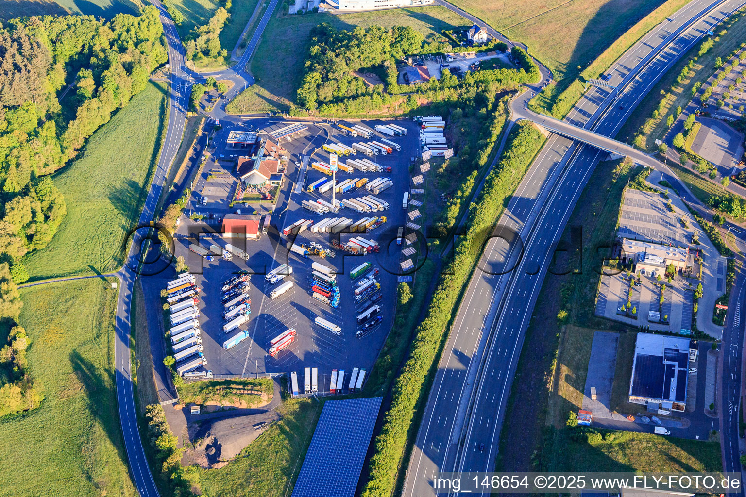 Aerial view of MAXI truck stop Wertheim on the A3 in the district Bettingen in Wertheim in the state Baden-Wuerttemberg, Germany