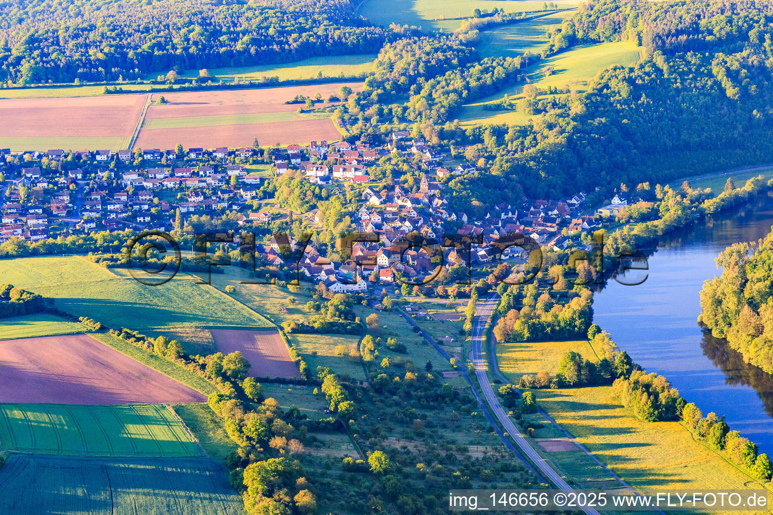 View of the Main river from the north in the district Urphar in Wertheim in the state Baden-Wuerttemberg, Germany