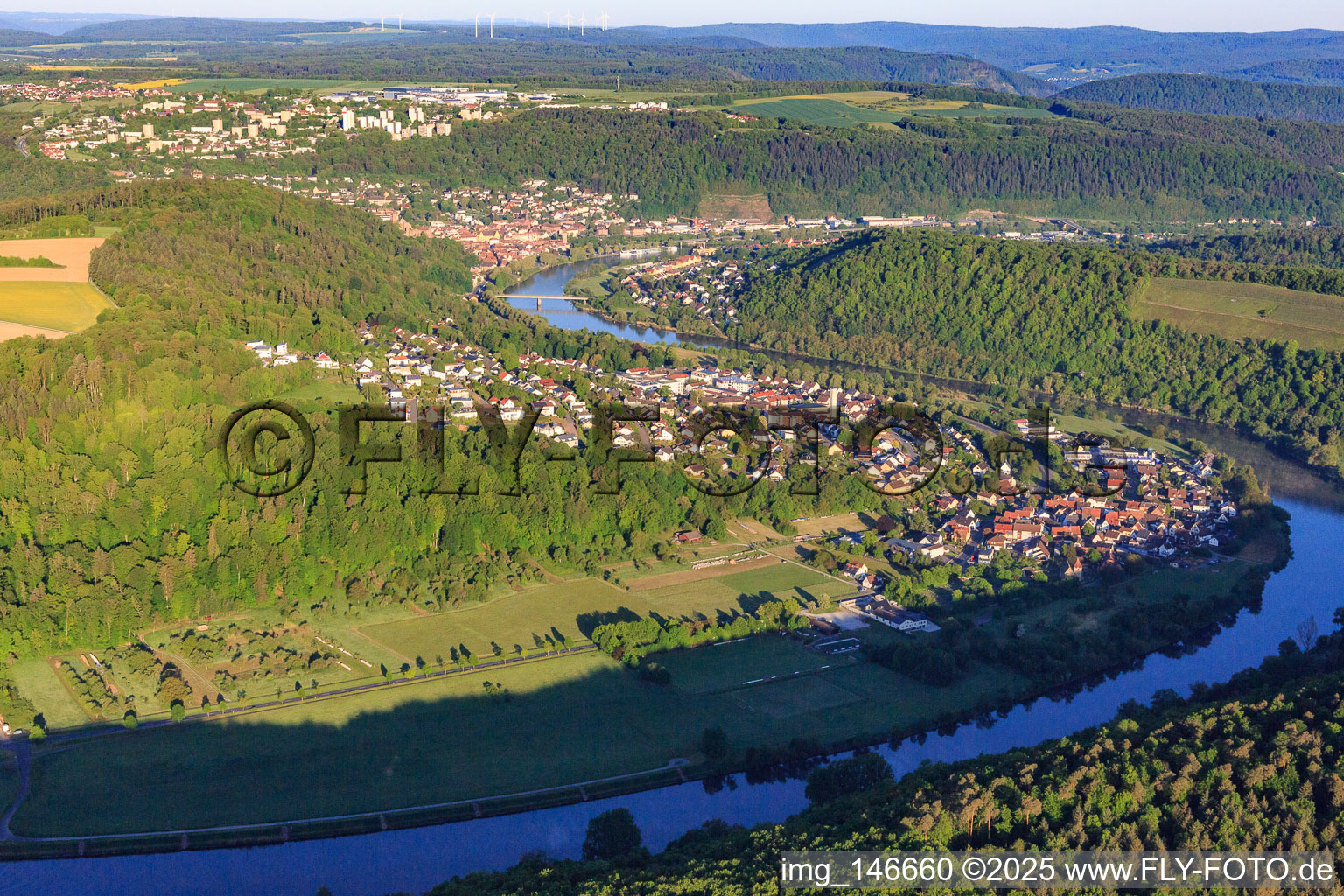 View of the town on the Main from the east in the district Eichel in Wertheim in the state Baden-Wuerttemberg, Germany