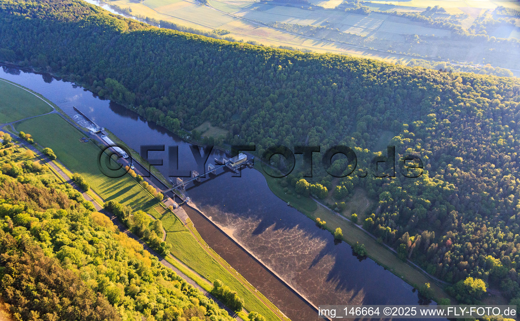 Aerial view of Eichel am Main hydroelectric power plant in Kreuzwertheim in the state Bavaria, Germany