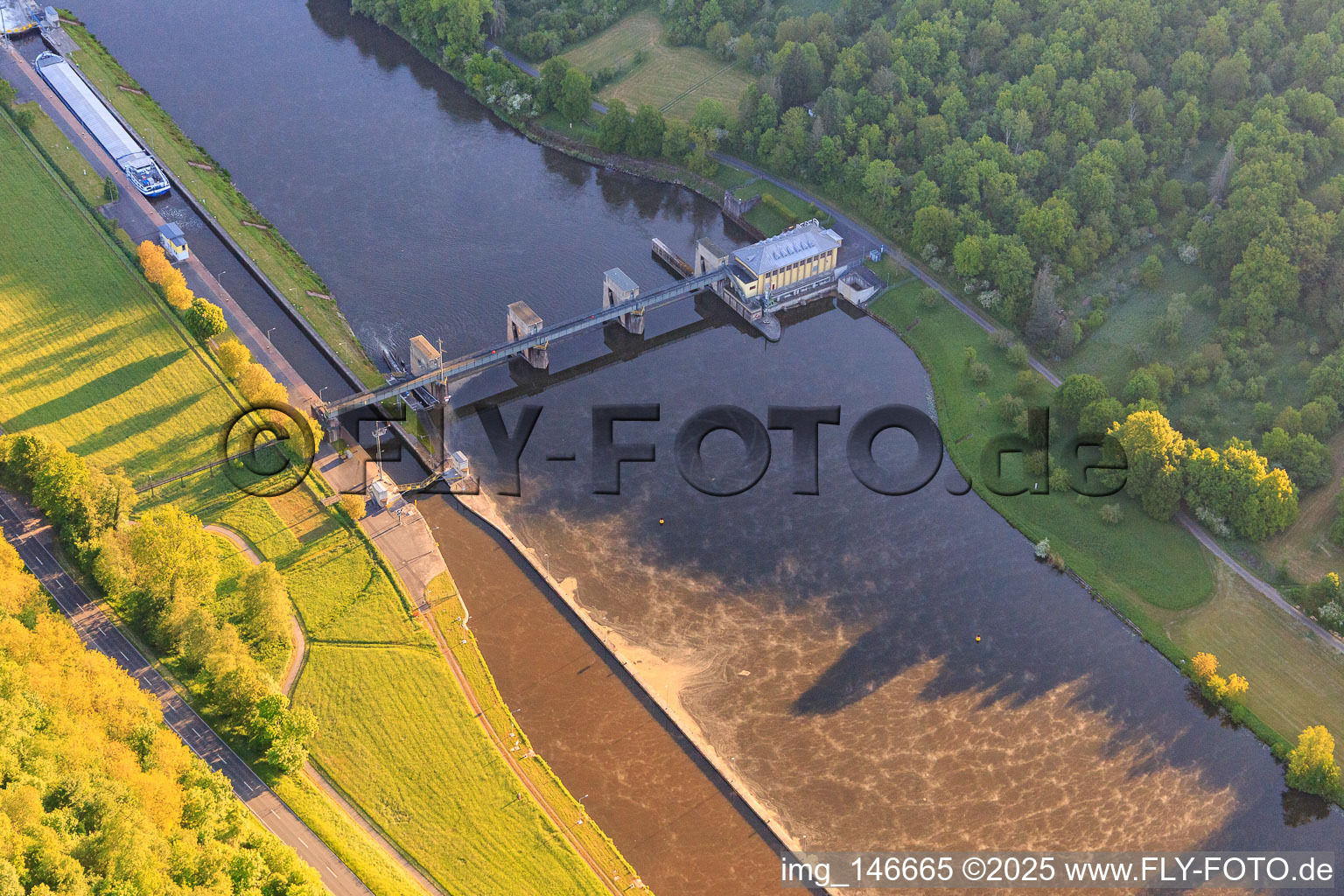 Aerial photograpy of Eichel am Main hydroelectric power plant in Kreuzwertheim in the state Bavaria, Germany