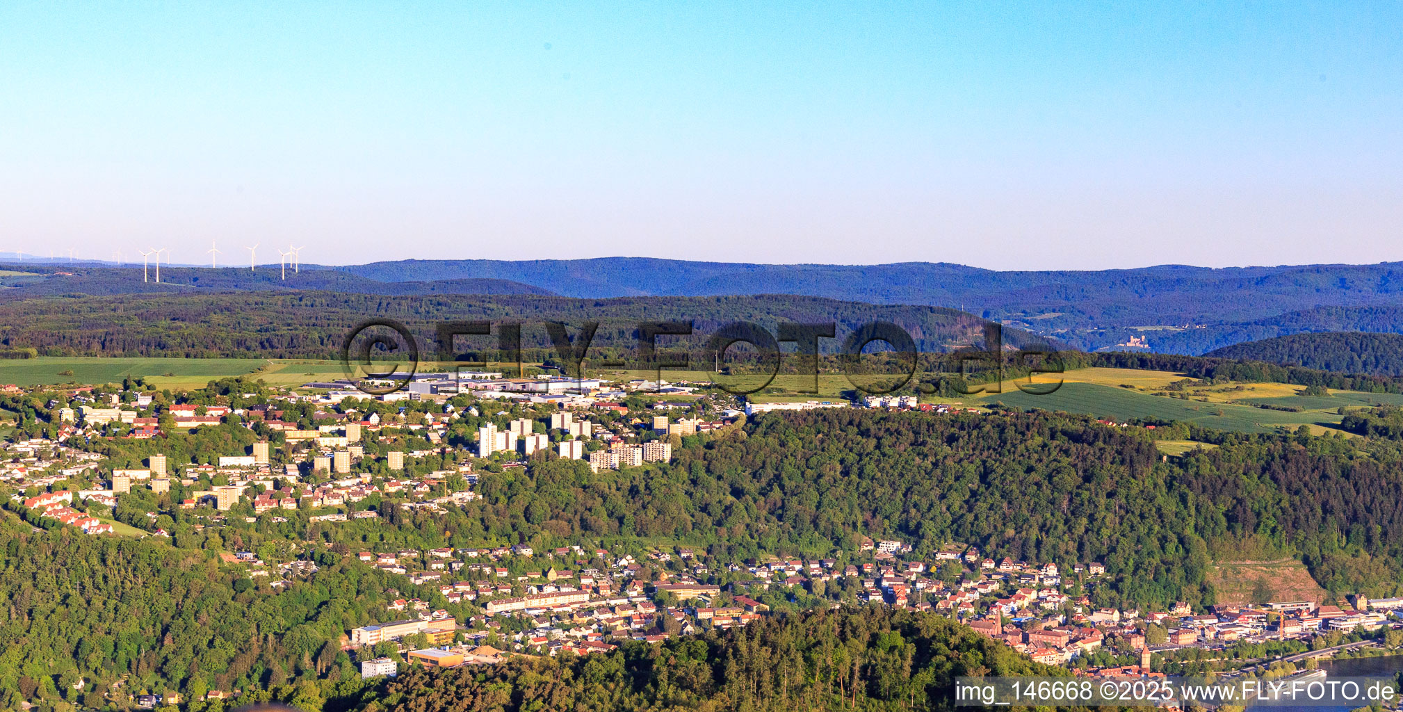 View of the town from the east in the morning in the district Eichel in Wertheim in the state Baden-Wuerttemberg, Germany