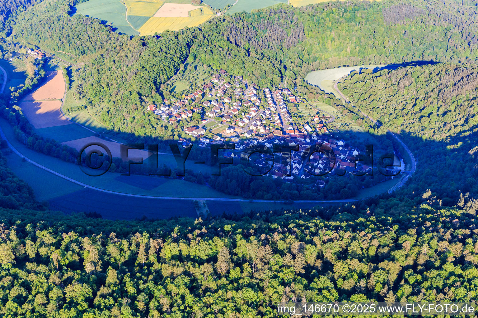 View from the east in a loop of the Tauber in the district Waldenhausen in Wertheim in the state Baden-Wuerttemberg, Germany