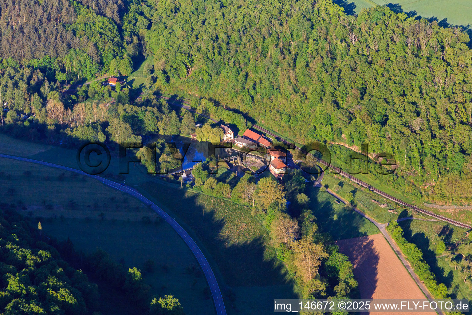 Aerial view of Teilbacher Mill on the Tauber in the district Waldenhausen in Wertheim in the state Baden-Wuerttemberg, Germany