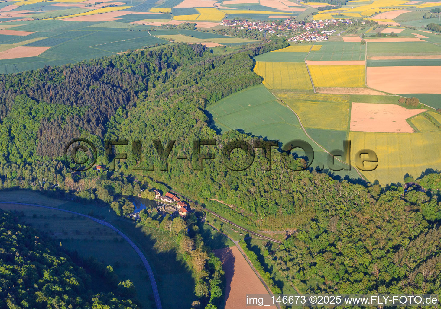 Aerial photograpy of Teilbacher Mill on the Tauber in the district Waldenhausen in Wertheim in the state Baden-Wuerttemberg, Germany