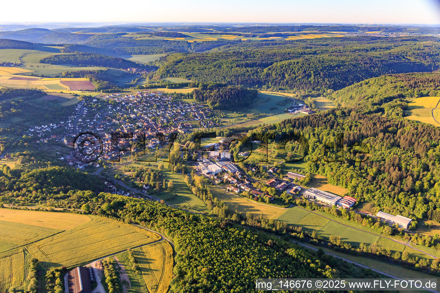 View of the town from the north in the morning with the industrial area Zum Schlag with Rekuplast GmbH, Uebe Medical GmbH and TFA Dostmann GmbH & Co. KG in the district Waldenhausen in Wertheim in the state Baden-Wuerttemberg, Germany
