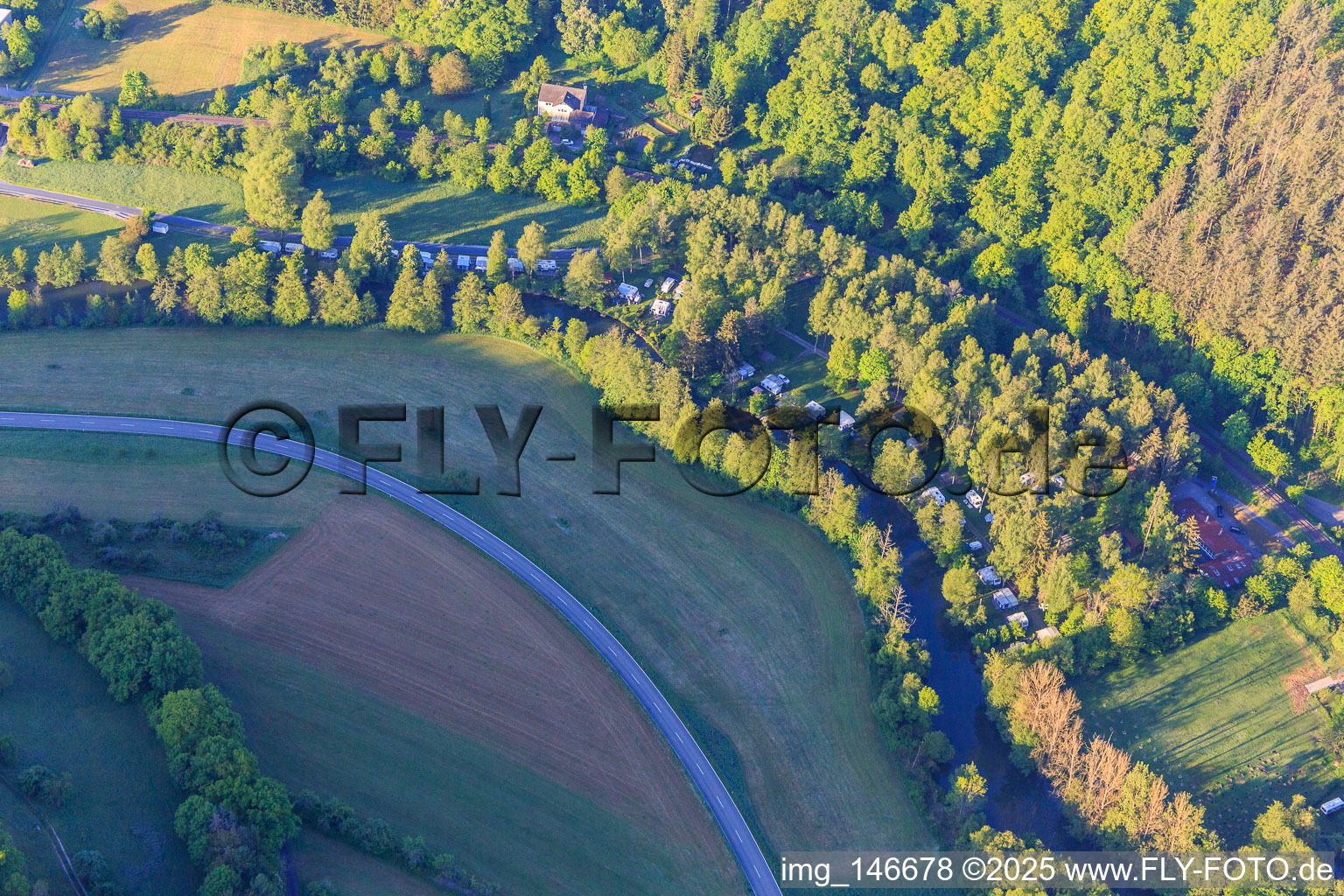 Camping Forelle on the banks of the Tauber in the district Waldenhausen in Wertheim in the state Baden-Wuerttemberg, Germany