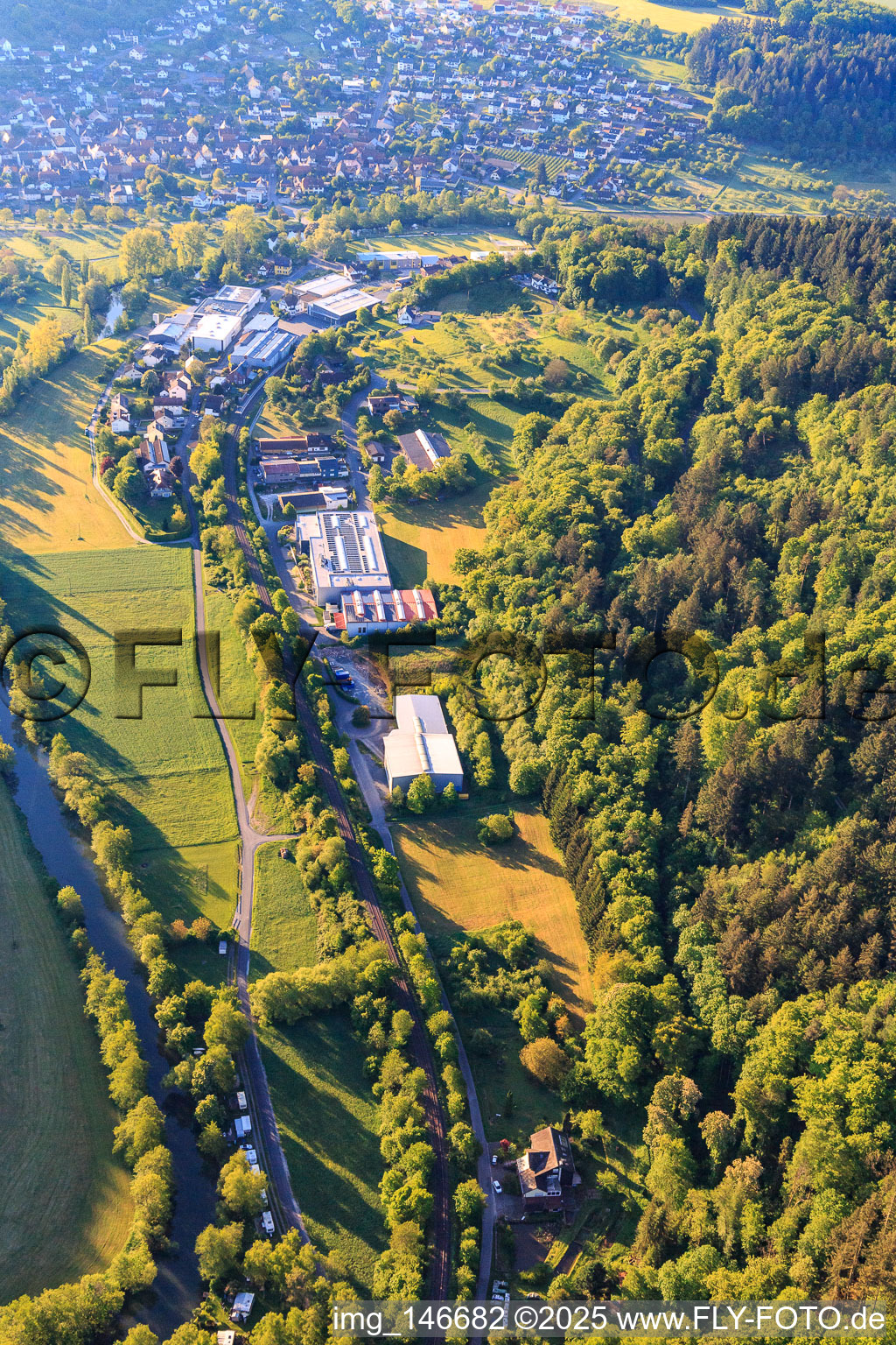 Aerial view of Industrial area Zum Schlag with Rekuplast GmbH, Uebe Medical GmbH and TFA Dostmann GmbH & Co. KG in the district Reicholzheim in Wertheim in the state Baden-Wuerttemberg, Germany